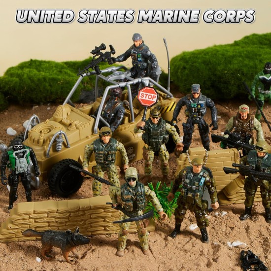 JOYIN 16 PCs Army Men Playset with 12 Realistic Army Ranger Men Action Figures and Weapon Gear Accessories, Military Soldiers Action Figures Playset for Boys Gift, Easter Basket Stuffers